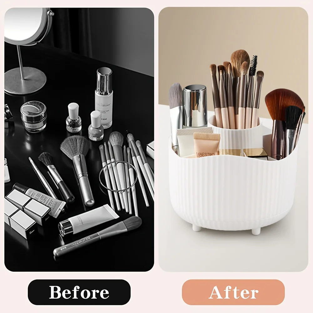 360-Degree Rotating Makeup Organizer 5 Slot Plastic Cosmetic Storage Elegant Stripe Versatile Holder for Brushes Office Supplies