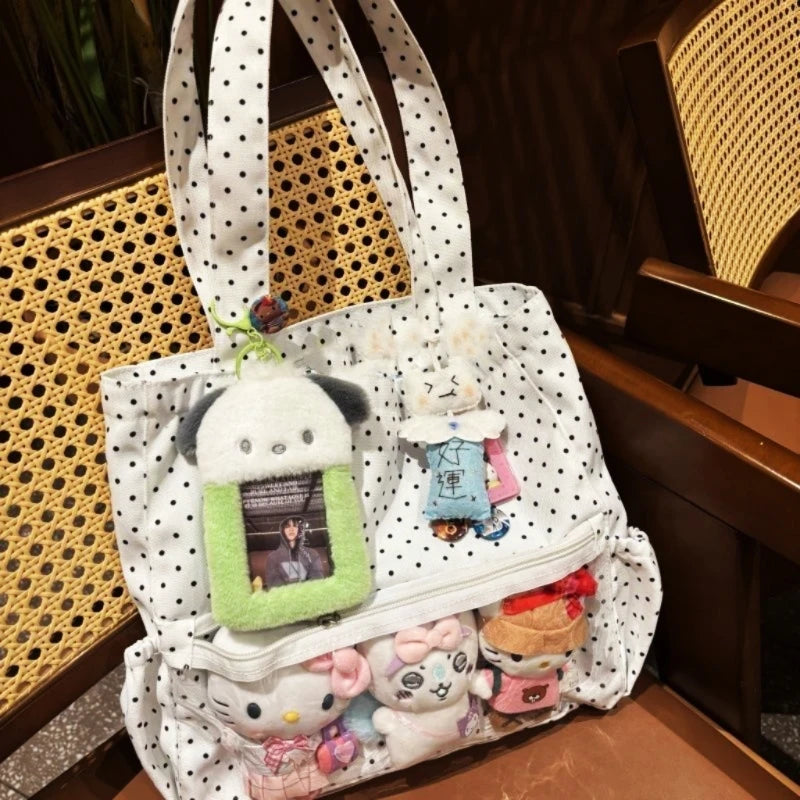 New Y2k Cute Ita Bag Girls Transparent Shoulder Bag Fashionable Large Capacity Polka Dot Canvas Tote Bag Casual Commuter Handbag