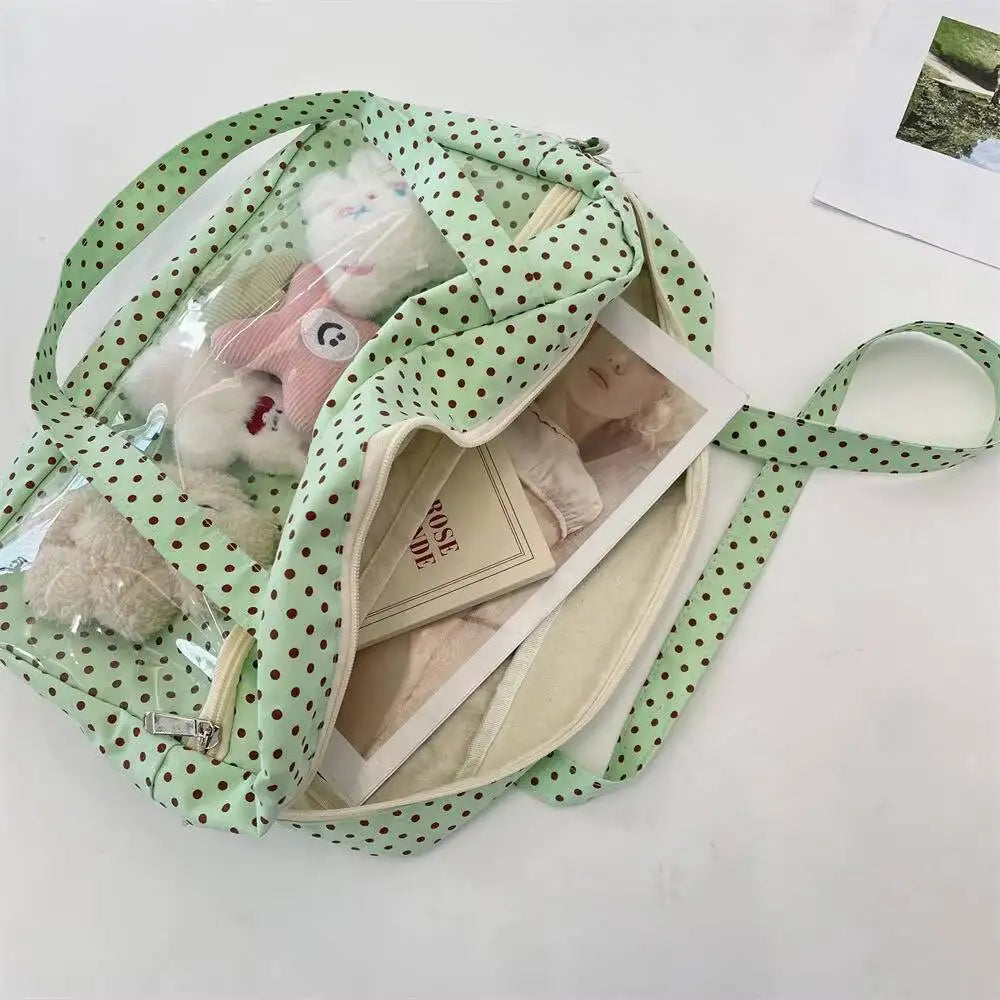 New Y2k Cute Ita Bag Girls Transparent Shoulder Bag Fashionable Large Capacity Polka Dot Canvas Tote Bag Casual Commuter Handbag