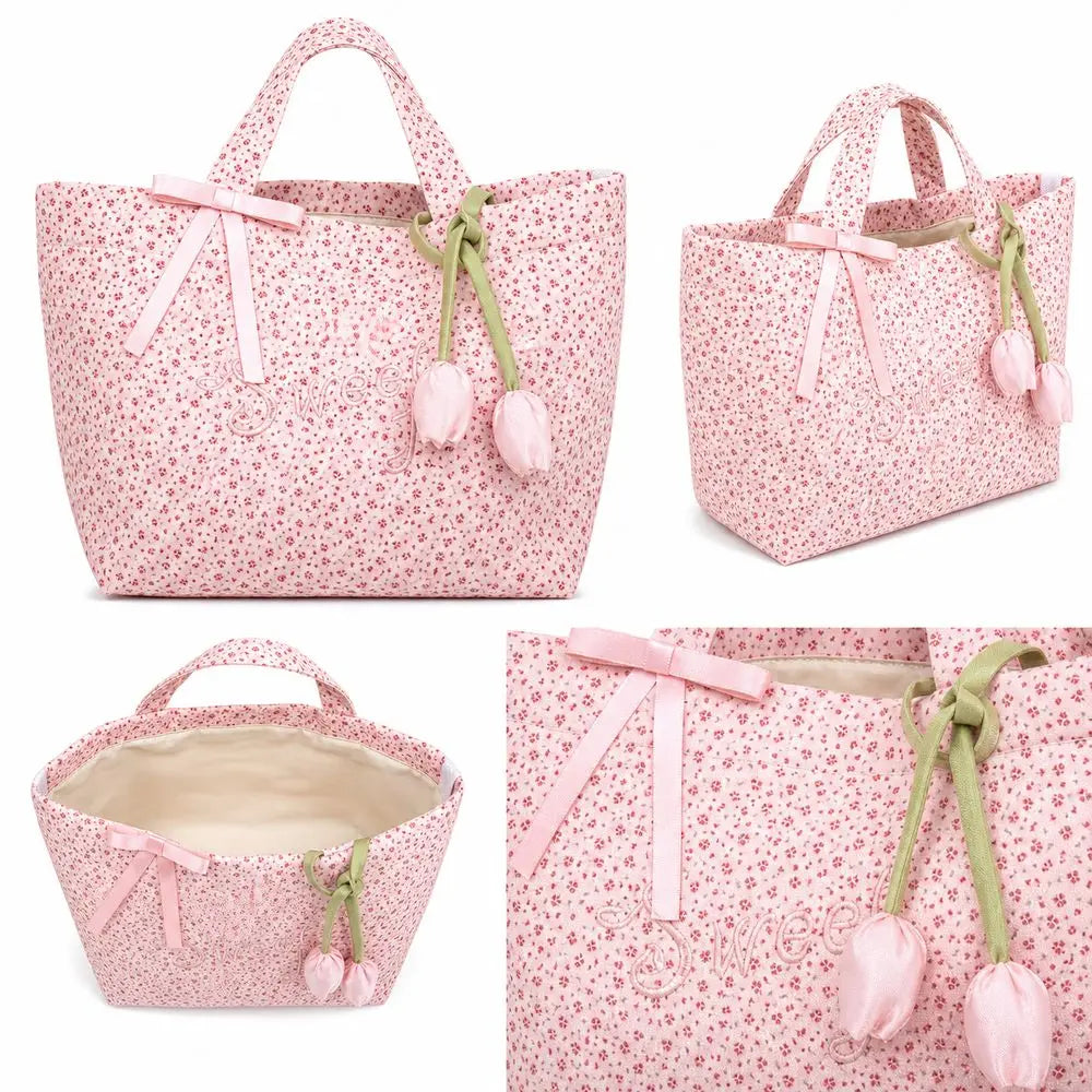 Pink Flower Embroidery Large Capacity Tote Bag for Girls