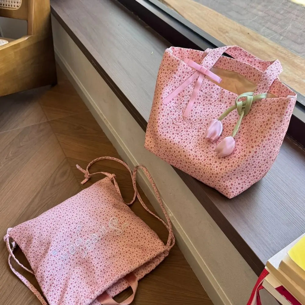 Pink Flower Embroidery Large Capacity Tote Bag for Teenage Girls