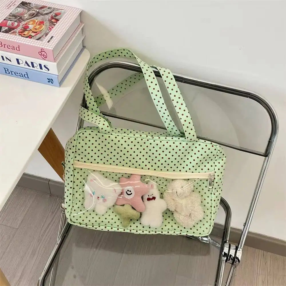 New Y2k Cute Ita Bag Girls Transparent Shoulder Bag Fashionable Large Capacity Polka Dot Canvas Tote Bag Casual Commuter Handbag