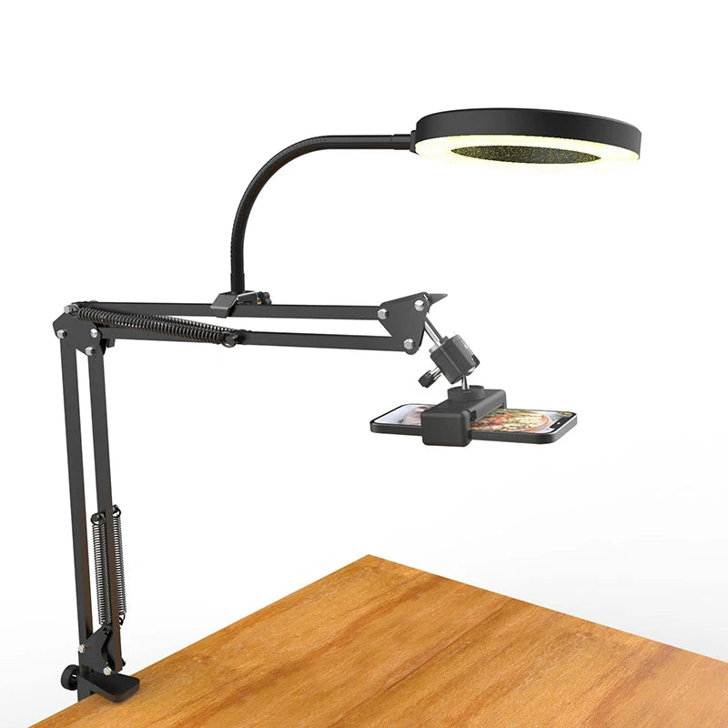 Overhead Desktop Phone Tripod with Ring Light for Video Recording