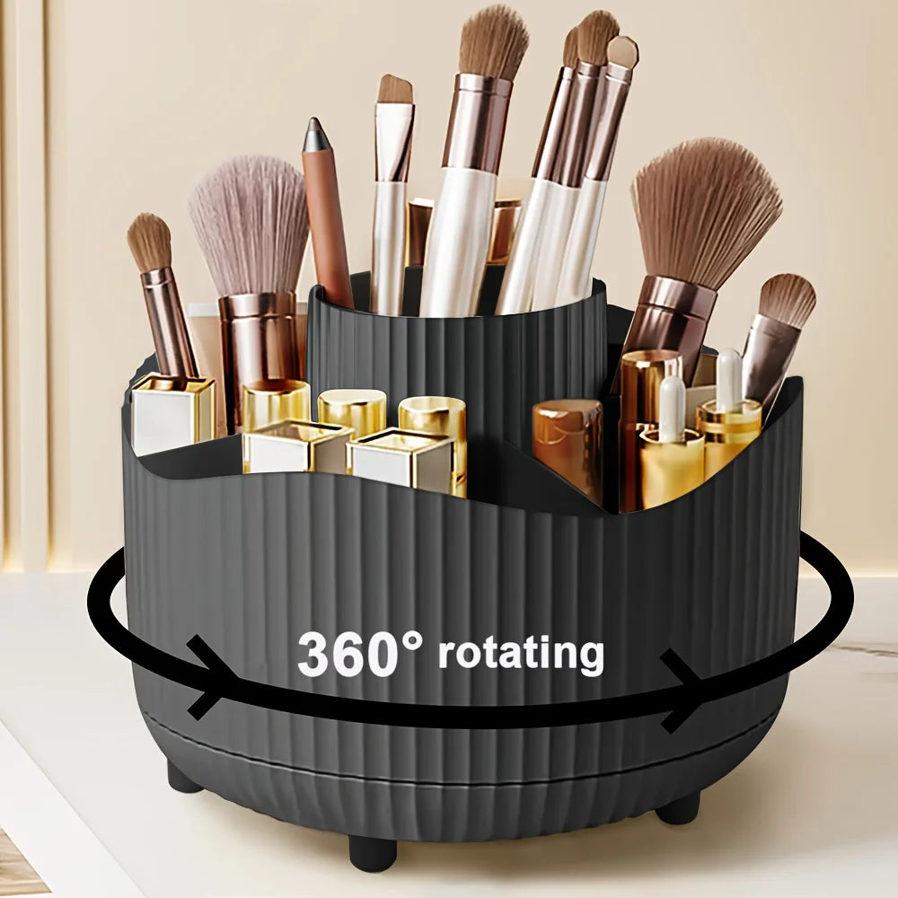 360-Degree Rotating Makeup Organizer 5 Slot Plastic Cosmetic Storage Elegant Stripe Versatile Holder for Brushes Office Supplies