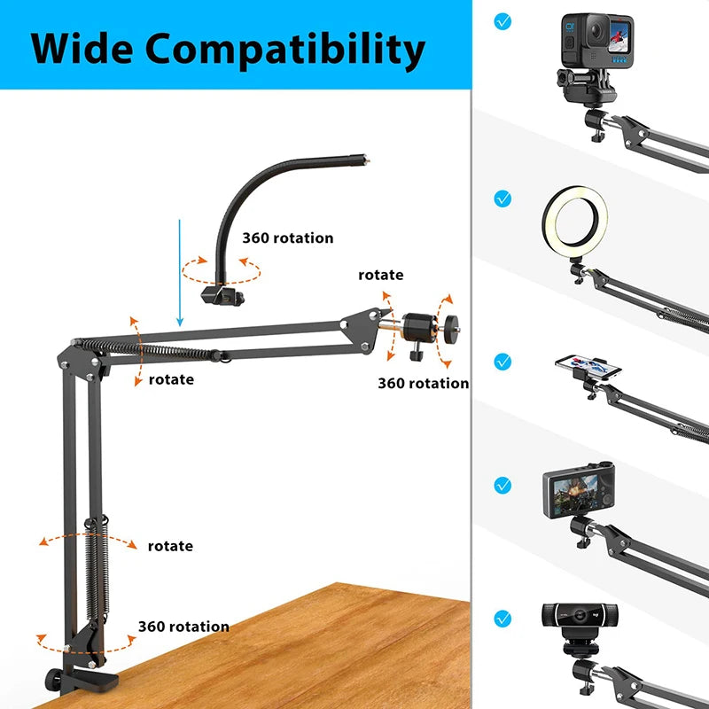 Overhead Desktop Phone Tripod with Ring Light for Video Recording