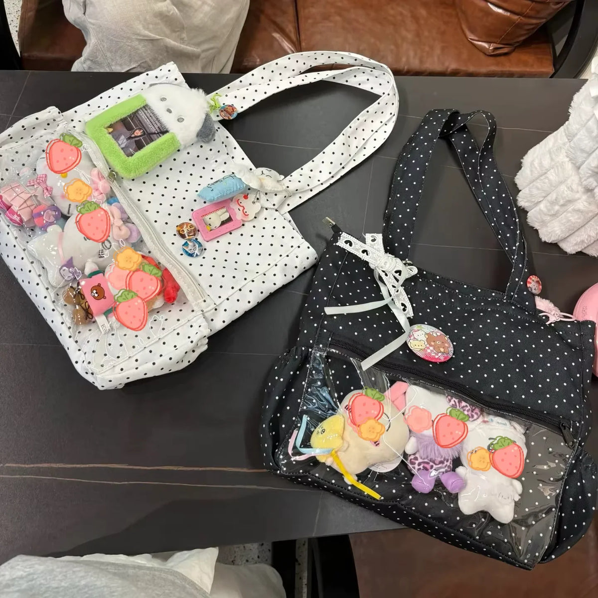 New Y2k Cute Ita Bag Girls Transparent Shoulder Bag Fashionable Large Capacity Polka Dot Canvas Tote Bag Casual Commuter Handbag