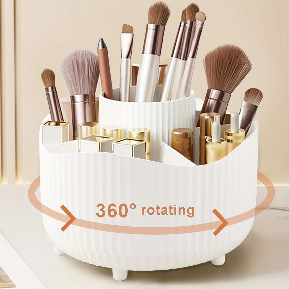 360-Degree Rotating Makeup Organizer 5 Slot Plastic Cosmetic Storage Elegant Stripe Versatile Holder for Brushes Office Supplies