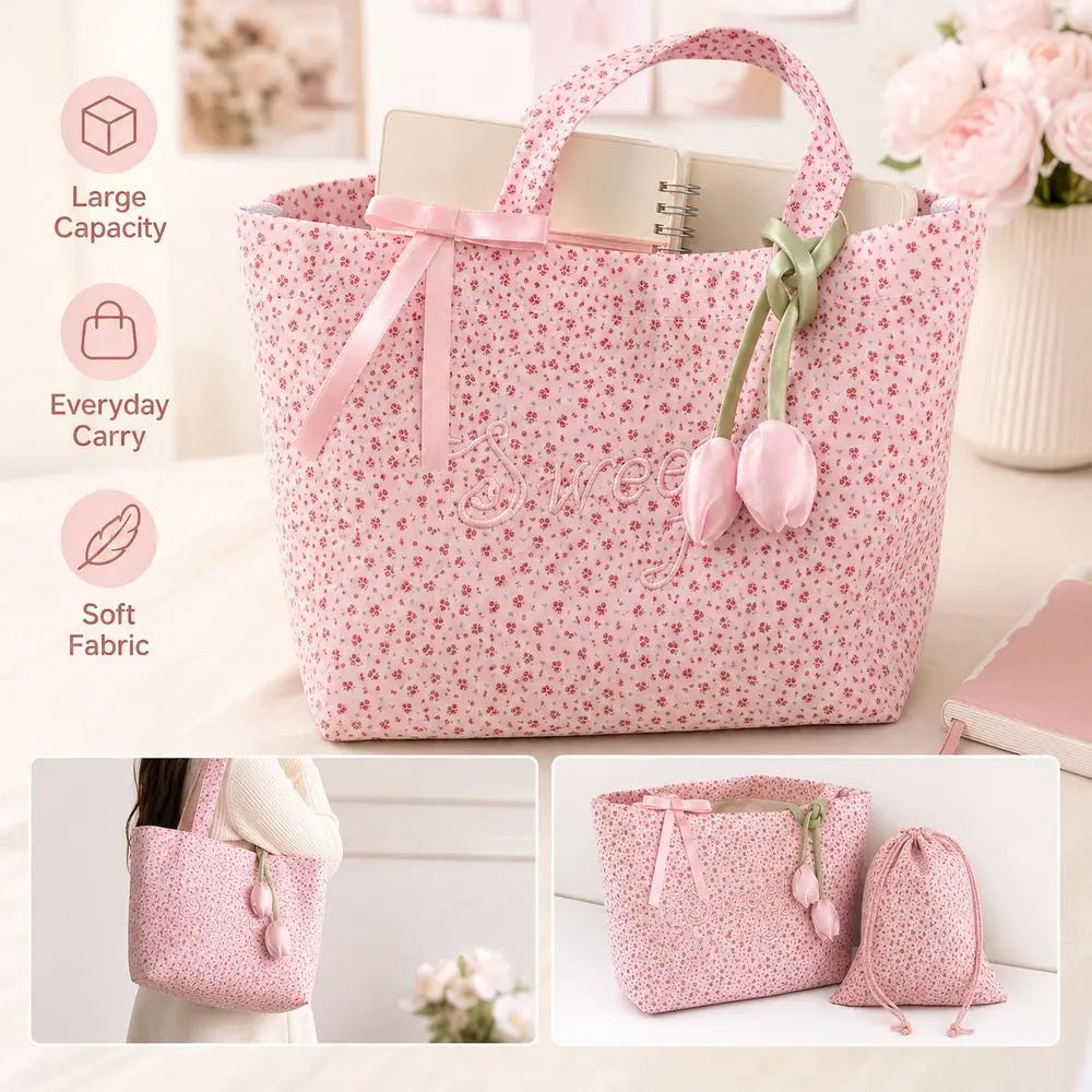 Pink Flower Embroidery Large Capacity Tote Bag for Girls