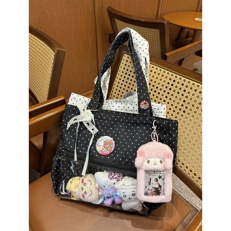 New Y2k Cute Ita Bag Girls Transparent Shoulder Bag Fashionable Large Capacity Polka Dot Canvas Tote Bag Casual Commuter Handbag
