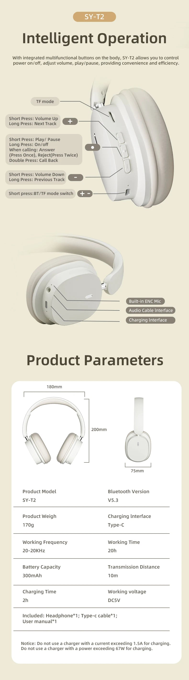 SY-T2 Wireless Bluetooth Noise Reduction Gaming Headphones with Microphone
