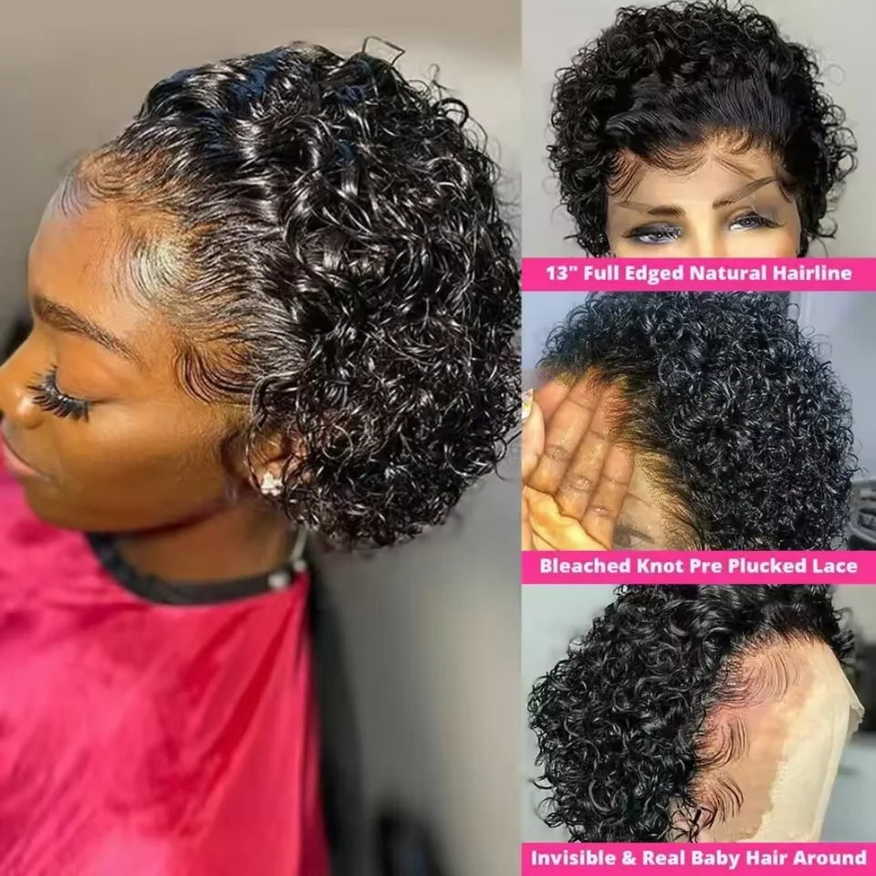 Short Curly Pixie Cut 13x1 Transparent Lace Front Human Hair Wig