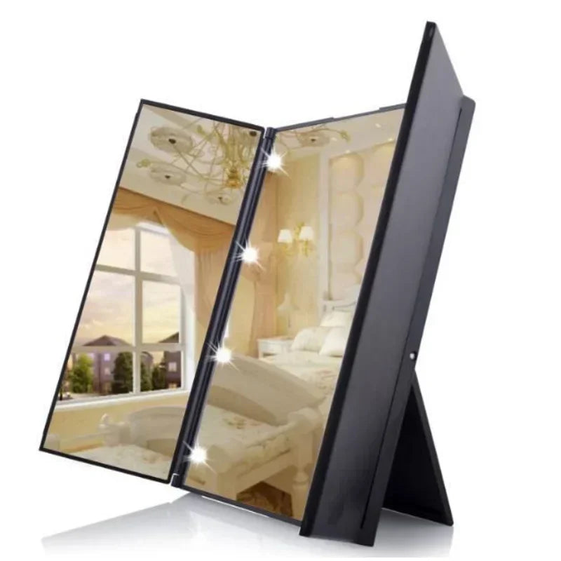 Portable Lighted Makeup Mirror 3 Way Trifold with Lights, LED Mini Travel Folding Vanity Mirror with Stand, Giftos fr Woman