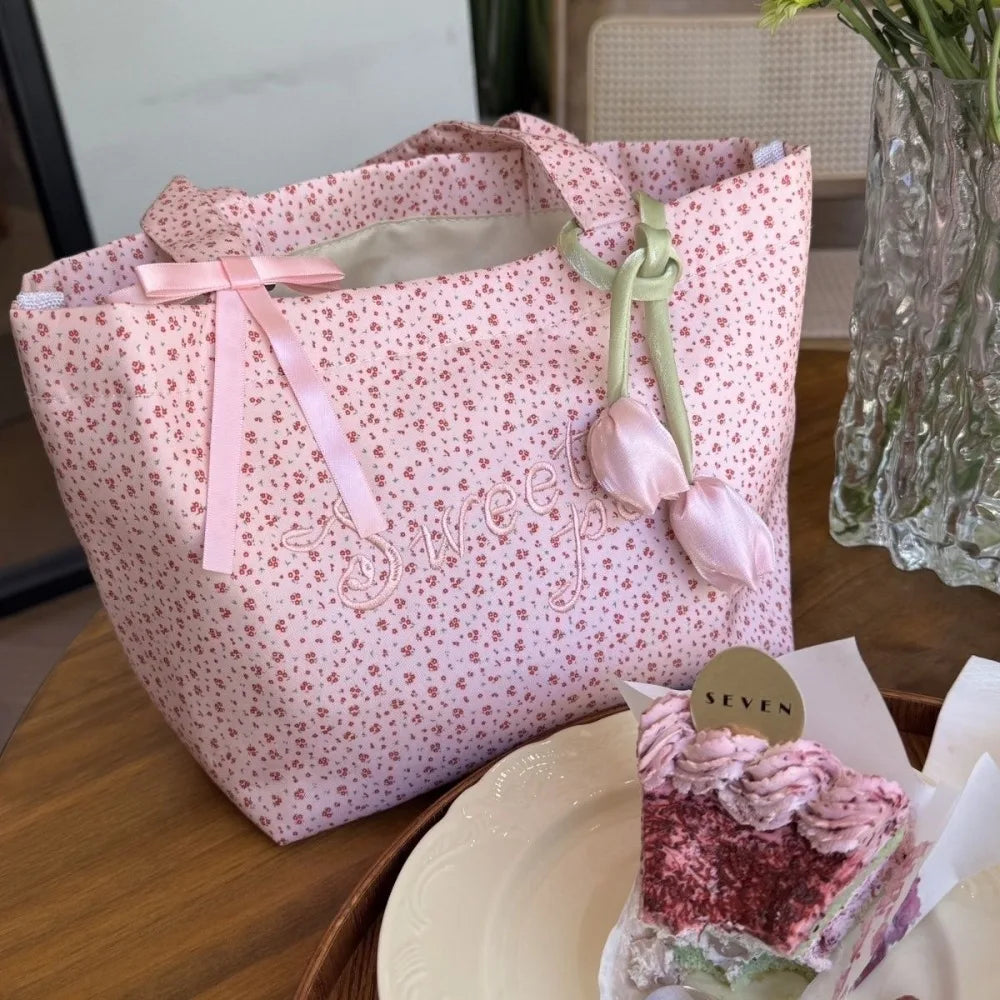 Pink Flower Embroidery Large Capacity Tote Bag for Teenage Girls