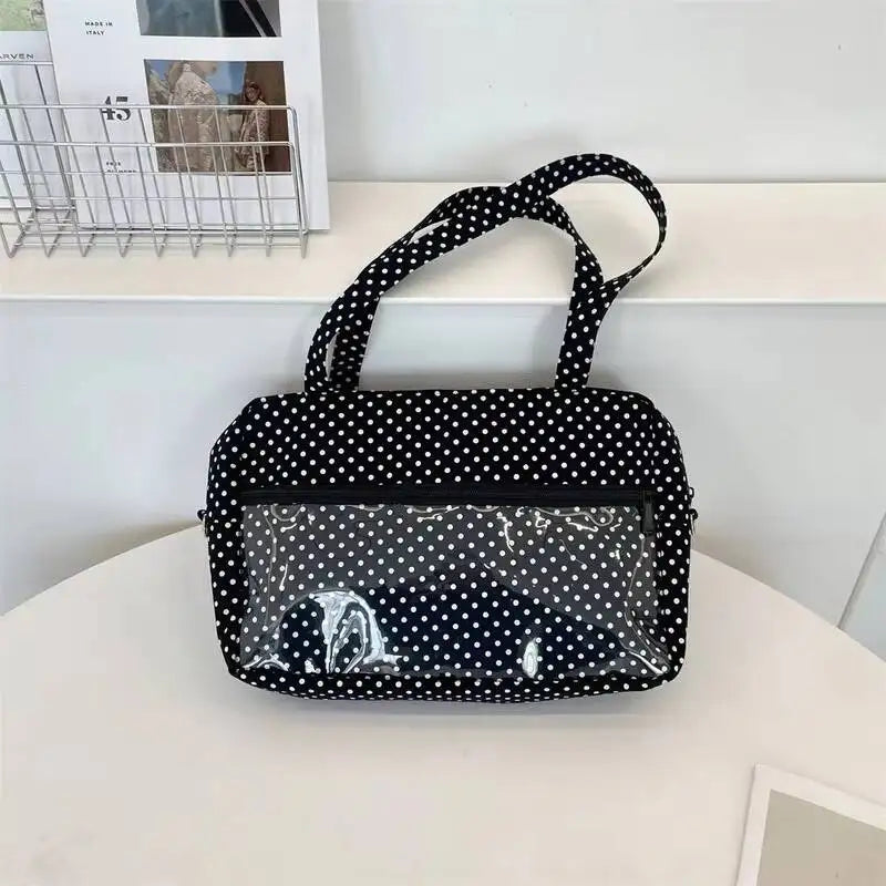 New Y2k Cute Ita Bag Girls Transparent Shoulder Bag Fashionable Large Capacity Polka Dot Canvas Tote Bag Casual Commuter Handbag