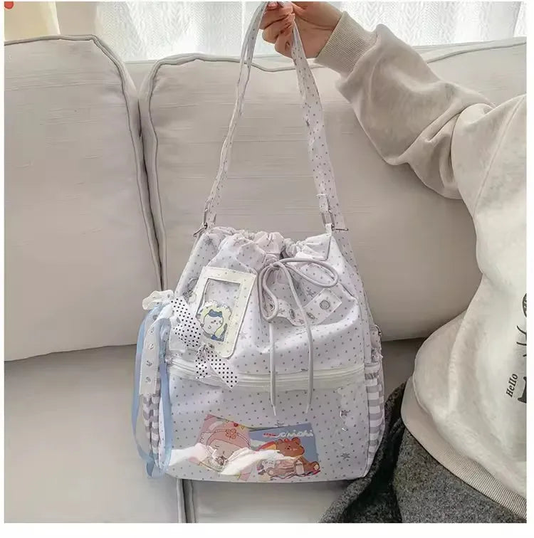 New Y2k Cute Ita Bag Girls Transparent Shoulder Bag Fashionable Large Capacity Polka Dot Canvas Tote Bag Casual Commuter Handbag