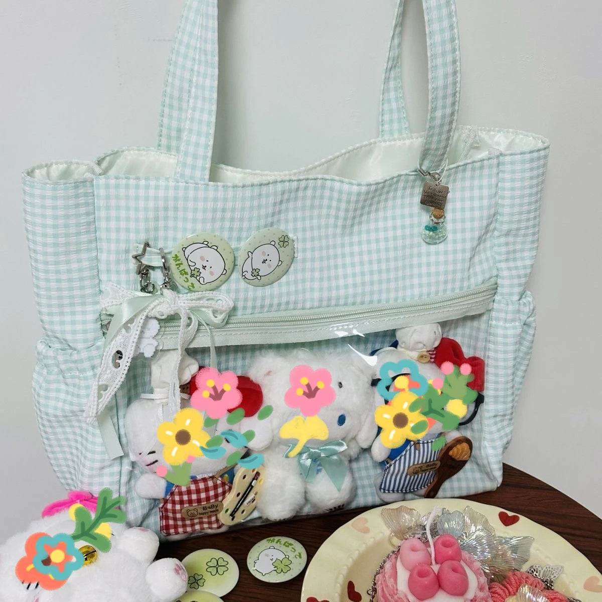 New Y2k Cute Ita Bag Girls Transparent Shoulder Bag Fashionable Large Capacity Polka Dot Canvas Tote Bag Casual Commuter Handbag