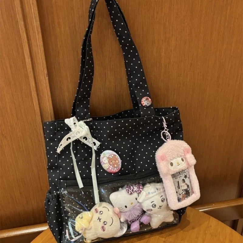 New Y2k Cute Ita Bag Girls Transparent Shoulder Bag Fashionable Large Capacity Polka Dot Canvas Tote Bag Casual Commuter Handbag