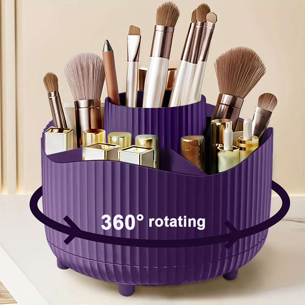 360-Degree Rotating Makeup Organizer 5 Slot Plastic Cosmetic Storage Elegant Stripe Versatile Holder for Brushes Office Supplies