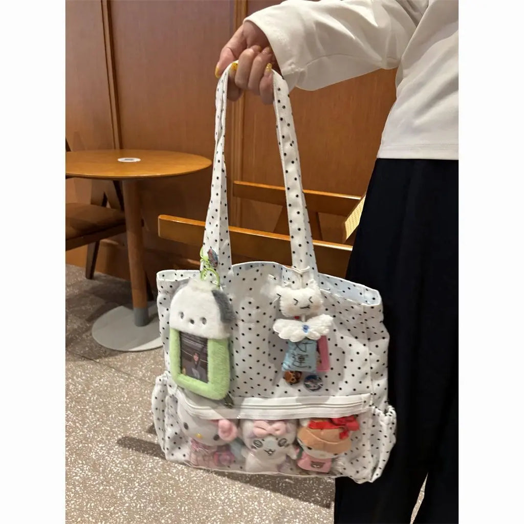 New Y2k Cute Ita Bag Girls Transparent Shoulder Bag Fashionable Large Capacity Polka Dot Canvas Tote Bag Casual Commuter Handbag