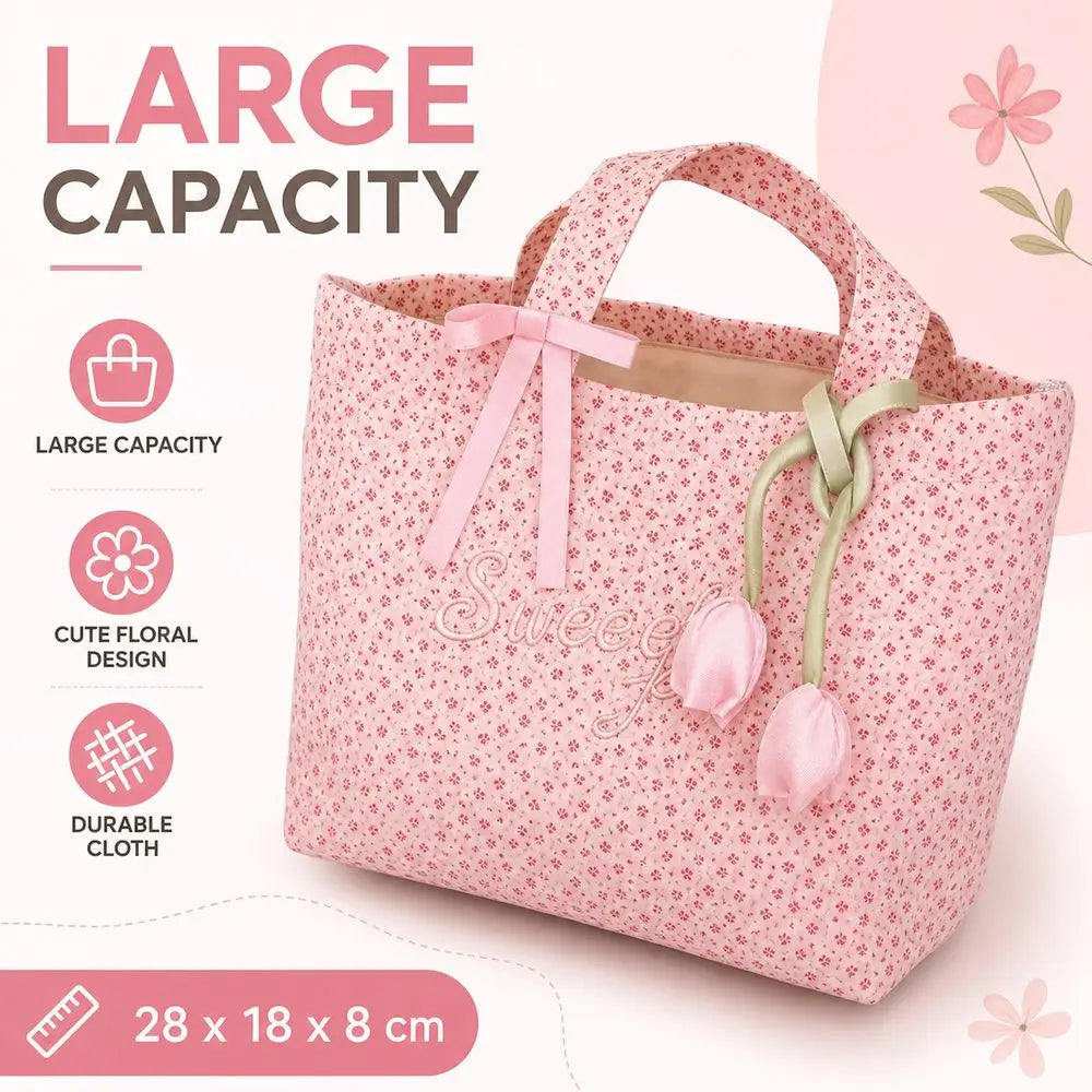 Pink Flower Embroidery Large Capacity Tote Bag for Teenage Girls