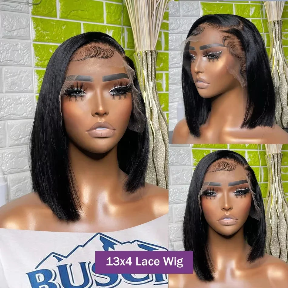 Short Straight Bob 100% Human Hair Transparent Lace Front Wig 200% Density