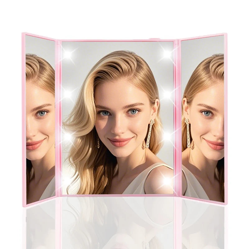 Portable Lighted Makeup Mirror 3 Way Trifold with Lights, LED Mini Travel Folding Vanity Mirror with Stand, Giftos fr Woman